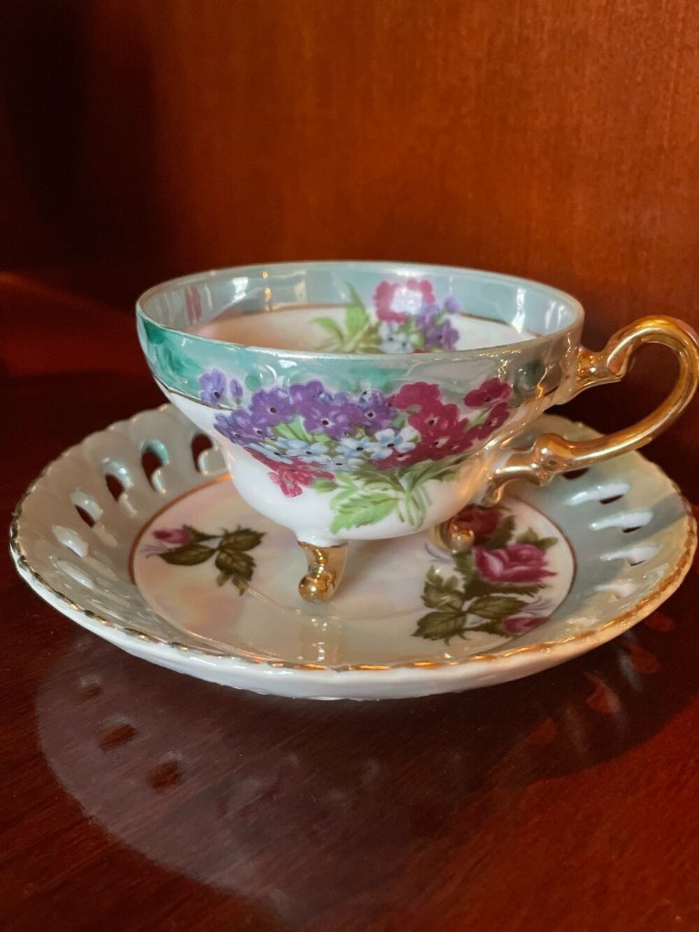 Lovely Enesco Teacup w/Floral Design and Matching Scalloped, Reticulated Saucer